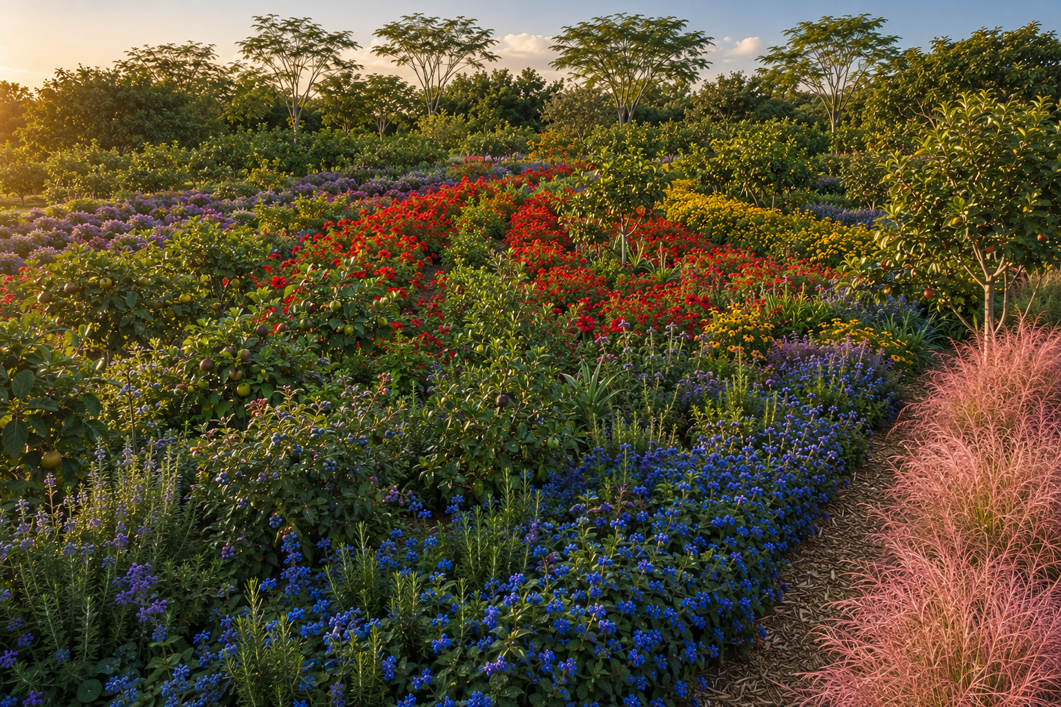Image displays a vividly designed food forest organized into sweeping, curved rows of color that resemble feathers from an aerial view. In the background, the far edge of the food forest shows mature native fruit trees edging the space.