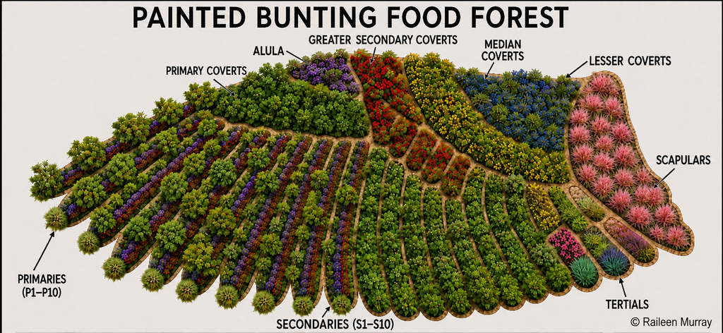 Aerial image of the food forest showing its design with native food-producing plants to mimic the red, blue, green, and purple feathers and segments of a painted bunting's wing. 